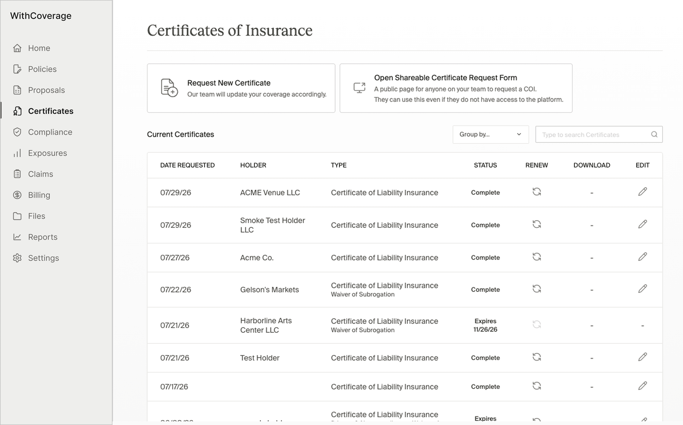 WithCoverage certificates of insurance screen