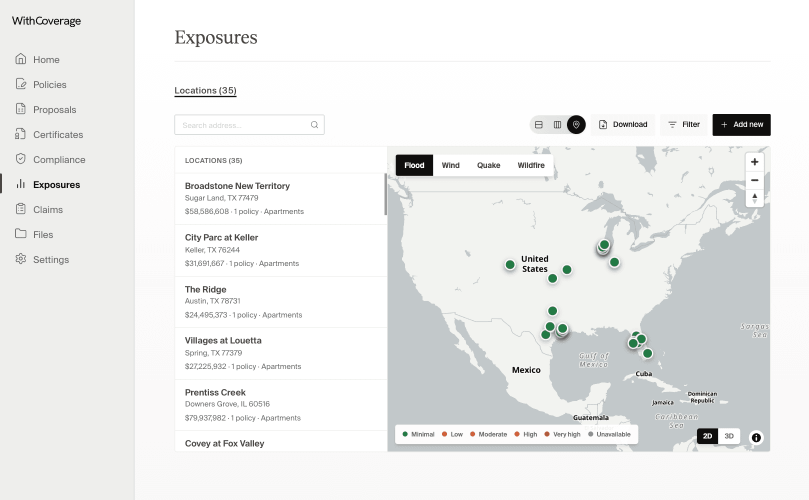 WithCoverage exposures screen with a list of insured locations and a flood, wind, quake, and wildfire risk map
