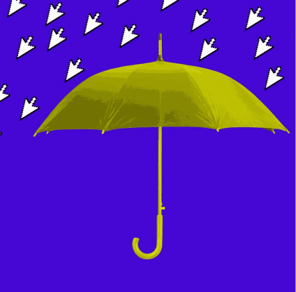 Yellow umbrella under a rain of cursors on a violet background